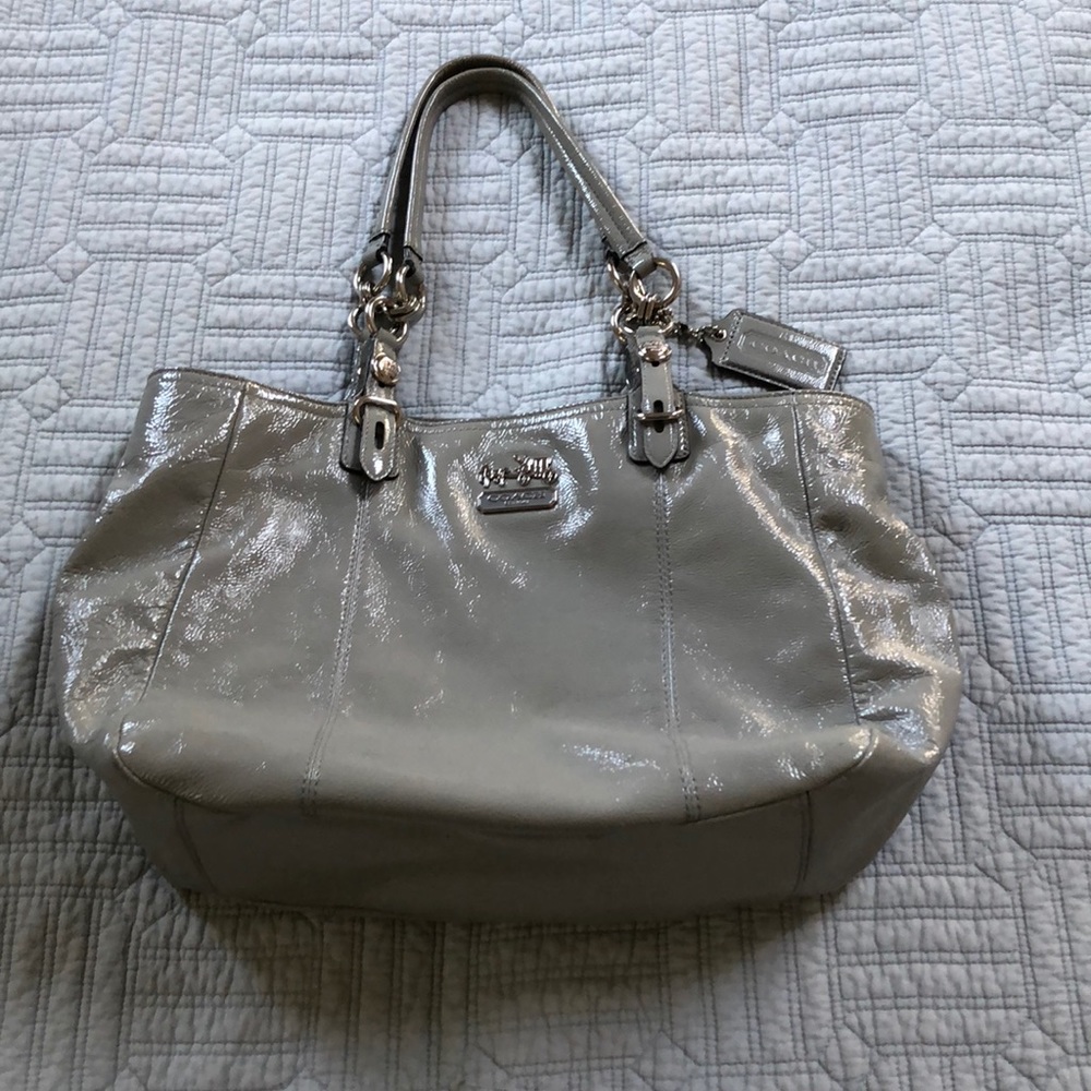 Coach grey patent mid sized handbag
